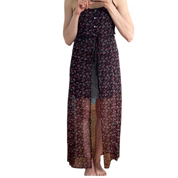 Volcom black red sheer floral rose cape top party dress vacation pool cover up - Picture 5 of 15